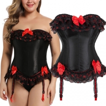 Vintage Lace Spliced Bowknot Strapless Lace-up Artificial Leather PU Strapless Corset