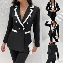 Fashion Contrast Color Notch Lapel Double-breasted Long Sleeve Suit Blazer