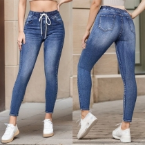 Fashion Old-washed Drawstring Waist Skinny Denim Jeans