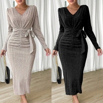 Fashion V-neck Long Sleeve Ruched Self-tie Bodycon Dress