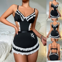 Sexy Contrast Color Lace Spliced Maid Uniform Pajamas Set