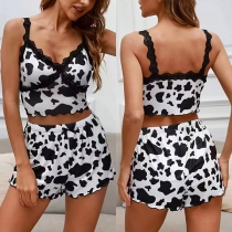 Sexy Cow Printed Lace Spliced Two-piece Pajamas Set