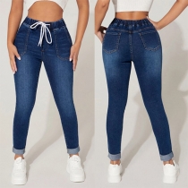 Fashion Patch Pockets Drawstring Waist Skinny Ankle-length Jeans