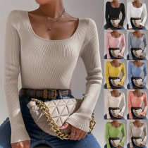 Simple U-neckline Long Sleeve Ribbed Shirt