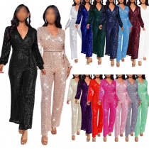 Sexy Bling-bling Sequined V-neck Long Sleeve Self-tie Jumpsuit