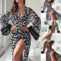 Sexy Leopard Printed V-Neck Long Sleeve Self-tie Pajamas Robe