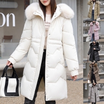 Fashion Solid Color Long Sleeve Warm Quilted Plush Spliced Hooded Longline Coat for Women