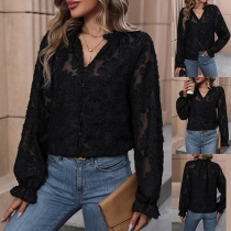 Fashion Floral Jacquard V-neck Long Sleeve Shirt