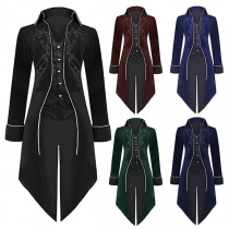 Medieval Punk Style Stand Collar Long Sleeve High-low Hemline Floral Printed Men's Tuxedo for Costume and Halloween
