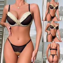 Fashion Contrast Color Semi-through Gauze Spliced Two-piece Lingerie Set