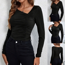 Sexy Slant Neckline Long Sleeve Ruched Slim-fit Shirt