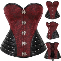 Fashion Jacquard Front Buckle Back Lace-up Rivet Artificial Leather PU Strapless Corset