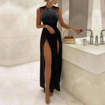 Fashion Rhinestone Hollow Out Sleeveless Slit Party Dress