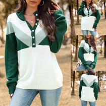 Fashion Buttoned V-neck Long Sleeve Contrast Color Knitted Shirt