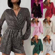 Street Fashion Bling-bling Sequined V-neck Long Sleeve Romper