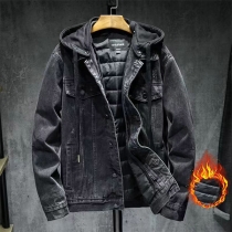 Fashion Old-washed Warm Lined Long Sleeve Detachable Hooded Denim Jacket for Men