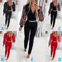 Fashion Floral Embroidery Gauze Spliced Long Sleeve V-Neck Chain Jumpsuit