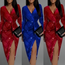 Fashion Printed V-neck Long Sleeve Irregular Hemline Slit Bodycon Dress