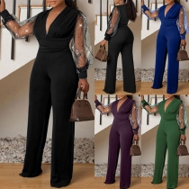 Sexy Gauze Spliced Long Sleeve Wide-leg High-rise Jumpsuit