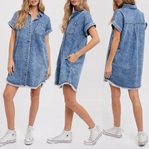 Fashion Old-washed Stand Collar Short Sleeve Front Buttoned Frayed Hemline Denim Dress