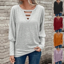 Casual Solid Color Hollow Out V-neck Long Sleeve Shirt