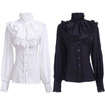 Vintage Lace Spliced Bowknot Ruffled Stand Collar Long Sleeve Shirt