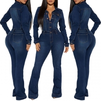 Fashion Old-washed Stand Collar Front Buttoned Long Sleeve Wide-leg Denim Jumpsuit