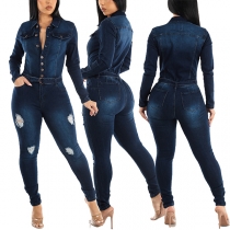 Vintage Old-washed Distressed Button Stand Collar Long Sleeve Denim Jumpsuit