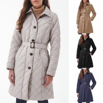 Fashion Warm Stand Collar Long Sleeve Qulited Coat for Women with Belt