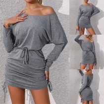 Fashion Round Neck Batwing Long Sleeve Side Drawstring Bodycon Dress