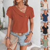 Fashion Solid Color Irregular V-neck Short Sleeve Shirt