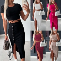 Fashion Two-piece Set Consist of Crop Top and Button Slit Skirt