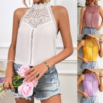 Fashion Hollow Out Lace Spliced Round Neck Sleeveless Shirt