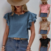 Casual Solid Color Round Neck Ruffled Cap Sleeve Shirt