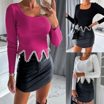 Fashion Round Neck Long Sleeve Bead Irregular Hemline Shirt