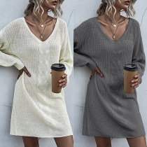Fashion V-neck Long Sleeve Knitted Sweater Dress