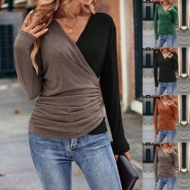 Casual Ruched V-neck Long Sleeve Shirt