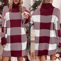 Fashion Contrast Color Checkered Turtleneck Long Sleeve Sweater Dress