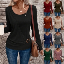Fashion Solid Color Round Neck Long Sleeve Ruched Buckle Shirt