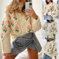 Vintage Floral Crochet Long Sleeve Button Knitted Cardigan