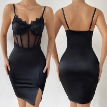 Sexy Lace Spliced Semi-through Gauze Spliced Slit Bodycon Slip Dress