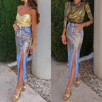 Sexy Bling-bling Gold Metallic Washed  Slit Denim Skirt