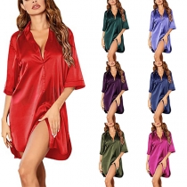 Fashion Solid Color V-neck Elbow Sleeve Pajamas Shirt