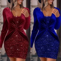 Sexy Sequined Spliced V-neck Knot Ruched Long Sleeve Bodycon Dress