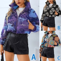 Street Fashion Stand Collar Printed Long Sleeve Crop Coat for Women