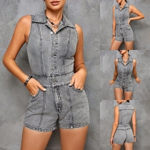 Street Fashion Stand Collar Front Buttoned Sleeveless Denim Romper