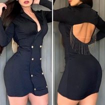 Sexy Stand Collar Double-breasted Backless Tassle Bodycon Dress