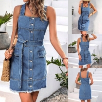 Fashion Front Buttoned Frayed Hemline Slip Denim Dress