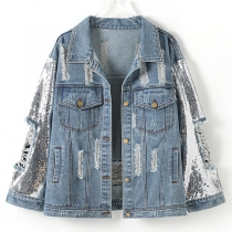 Street Fashion Old-washed Distressed Sequin Spliced Denim Jacket for Women