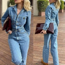 Street Fashion Old-washed Stand Collar Buttoned Long Sleeve Denim Jumpsuit